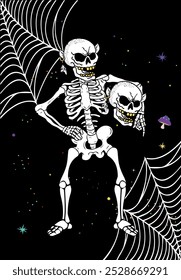 Halloween skeleton Vector Set. Funny halloween icons with spider web in the space