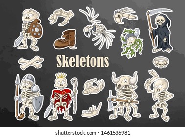 Halloween skeletons art stickers icons set. Cartoon hand drawn skeletons and other items. Characters Vector Illustration