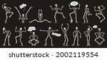 Halloween skeletons. Dancing skeletons, spooky halloween party skeleton mascots isolated vector illustration set. Funny skeletons characters. Illustration halloween skeleton, party dance bones