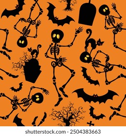 Esqueletos de Halloween Danza macabra, murciélagos, gatos brujos y piedras de la tumba Arte vectorial de patrón transparente
