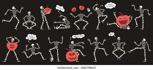 Halloween skeletons with pumpkins. Spooky halloween party skeletons characters vector illustration set. Skeleton mascots and pumpkins. Party dance figure performance, posing anatomical skeletal