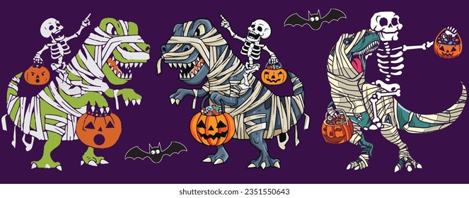 Halloween Skeletons Riding Mummy Dinosaurs and Carrying Pumpkin Basket with Bats Set