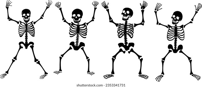 Halloween skeletons silhouette are dancing. Spooky season vector illustration.