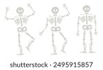 Halloween skeletons in various poses. Creepy Halloween skeleton characters isolated set of vector illustrations. Skeleton mascots hand drawn style