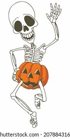 Halloween Skelton character coloring book for children. Hand drawn vector illustration isolated on white.