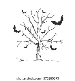 Halloween sketch concept with dead leafless dried tree and scary bats on white background isolated vector illustration