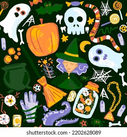 Halloween Sketch Dark Seamless Pattern. Vector Illustration of Handdrawn Trick or Treat Holiday Background.