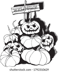 A Halloween sketch of different smiling pumpkins with a welcome Board. Drawing with pumpkins for Halloween. Welcome!