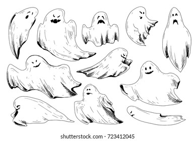 Halloween sketch icons. Collection of hand drawn ink ghosts