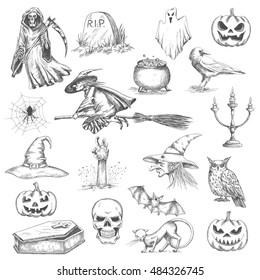 Halloween sketch icons. Vector isolated design elements of witch in hat flying on besom, frightening pumpkin, death with scythe, tomb stone, bedsheet ghost, coffin, evil skull with scary smile