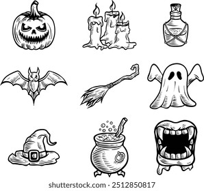 Halloween sketch Illustration collections of pumpkin, candle, poison bottle, bat, broom, ghost, hat witch, pot, and vampire teeth fang