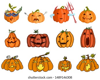 halloween sketch pumpkin doodle drawing flat selection with green leaves bright