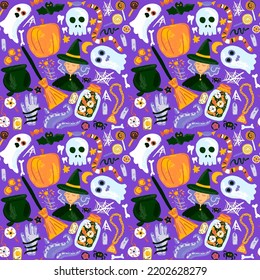 Halloween Sketch Purple Seamless Pattern. Vector Illustration of Handdrawn Trick or Treat Holiday Background.