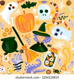 Halloween Sketch Seamless Pattern. Vector Illustration of Handdrawn Trick or Treat Holiday Background.