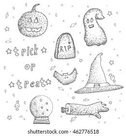 Halloween sketch set of hand drawn pumpkin, bat, ghost, arm, bones, magic ball, grave