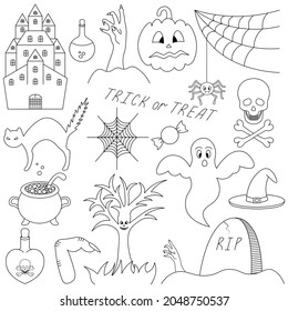 Halloween. Sketch. Set of vector illustrations. Collection of festive mystical elements. Pumpkin, ghost, cat, spider, potion. Doodle style. Coloring book. Outline on an isolated white background.