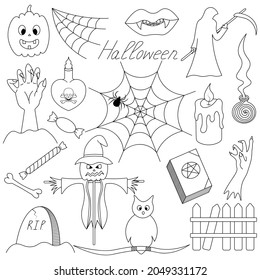 Halloween. Sketch. Set of vector illustrations. Collection of festive mystical elements. Death with a scythe, candle, snake, fangs, owl, pumpkin. Doodle style. Coloring book for children.