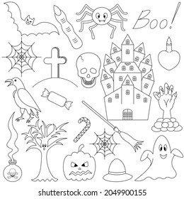 Halloween. Sketch. Set of vector illustrations. Collection of festive mystical elements. Pumpkin, ghost, bat, spider, raven. Doodle style. Coloring book for children. Outline on an isolated background