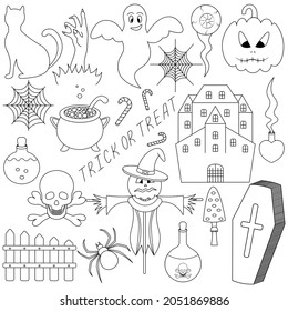 Halloween. Sketch. Set of vector illustrations. Collection of festive mystical elements. Cat, pumpkin, coffin, ghost, eyeball, love potion. Doodle style. Coloring book for children.