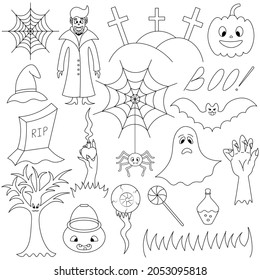 Halloween. Sketch. Set of vector illustrations. Collection of festive mystical elements. Pumpkin, ghost, bat, vampire, spider. Doodle style. Coloring book. Outline on an isolated white background.
