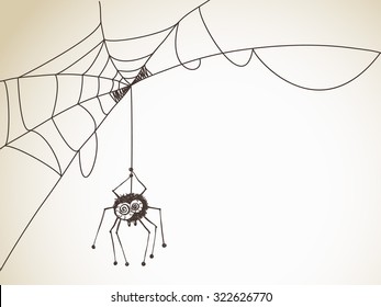 Esbozo de Halloween, araña con grandes ojos en la web, ilustración dibujada por la mano