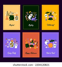 Halloween Sketch Trendy Posters. Vector Illustration of Mystery and Witch Greeting Cards.
