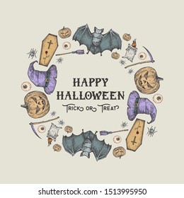 Halloween Sketch Wreath, Banner or Card Template. Advertising Holiday Vector Illustration with Retro Typography and Bright Colors. Hand Drawn Pumpkin, Bat, Coffin, Hat, Scythe and Candle. Isolated.