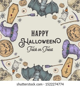 Halloween Sketch Wreath Card or Banner Template. Advertising Holiday Vector Illustration with Retro Typography and Bright Colors. Hand Drawn Pumpkin, Bat, Coffin, Hat, Scythe and Sculls. Isolated.