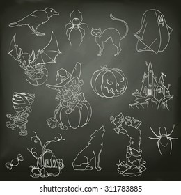Halloween, sketches of icons vector set