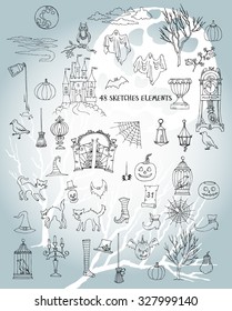 Halloween sketches. Set of  hand drawn elements. Can be used for backgrounds and cards of Halloween decorations. Pumpkin, cat, ghost, hours, castle, moon, autumn. Vector Illustration