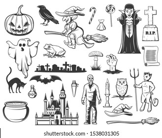 Esbozos de Halloween con fantasmas de horror vectorial, calabaza y bruja, vampiro Drácula, murciélago y gato negro, búho, truco o trata caramelos y zombi, cementerio, cementerio, casa embrujada. Horror de vacaciones