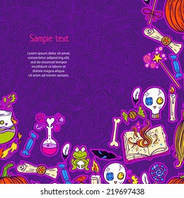Halloween sketchy pattern background with the magic stuff set.