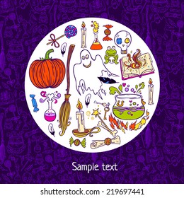 Halloween sketchy pattern background with the magic stuff set.