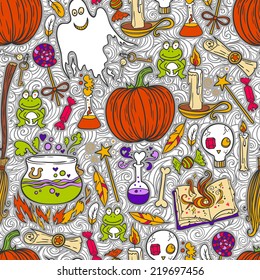 Halloween sketchy pattern background with the magic stuff set.