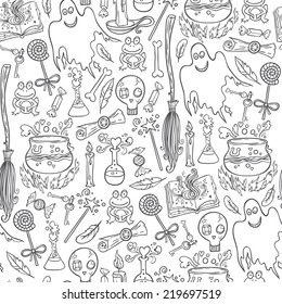 Halloween sketchy pattern background with the magic stuff set.