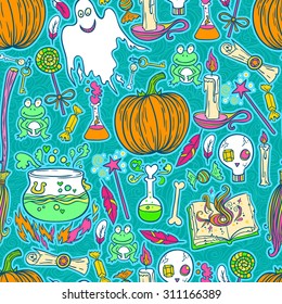 Halloween sketchy pattern background with the magic stuff set.