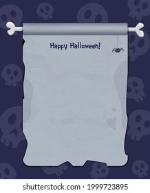 Halloween skull background with empty sheet of paper on the bone and spider. Vector illustration