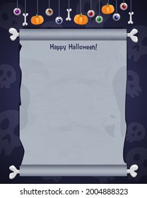 Halloween-Schädelhintergrund mit leerem Blatt Papier auf dem Knochen, hängenden Augen und Kürbis. Vektorgrafik