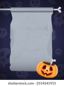 Halloween skull background with empty sheet of paper on the bone and happy creepy pumpkin. Vector illustration