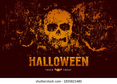 Halloween skull and bat on rough surface orange and black background, Eps 10 vector illustration