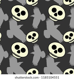 Halloween skull and bird shadows dark seamless pattern. vector illustration for fashion textile print and wrapping with festive design.