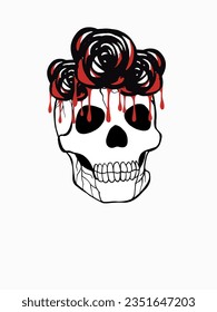 Halloween Skull with bloody roses as design element. Hand drawn digital illustration. Isolated on white background.