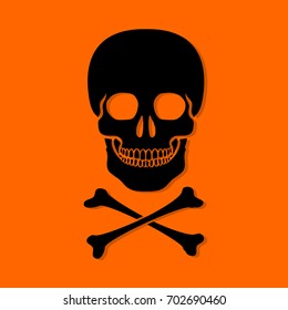 Halloween Skull and bones. Black icon on orange background. Vector illustration