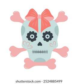 Halloween skull with bones and bow.  Cute Mexican skeleton isolated on white background. Day of the dead. Dia muertos dead spooky skull. 