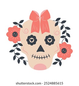 Halloween skull with bow and flowers.  Cute Mexican skeleton isolated on white background. Day of the dead. Dia muertos dead spooky skull. 