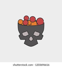 Halloween Skull bucket filled with sweets and candy outline colored icon