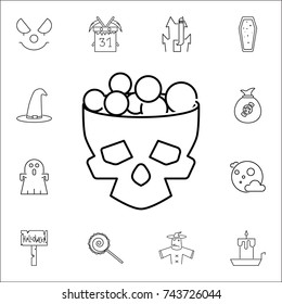 Halloween Skull bucket filled with sweets and candy for halloween night icon. Set of Halloween icons on white background