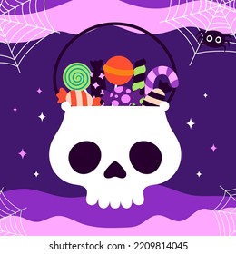 cráneo de halloween con caramelos, cesta de cráneo de caricatura de caricaturas, lollipops, dulces y ilustración vectorial de caña de caramelo, truco de cráneo o bolsa de tratar