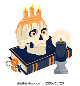 Halloween skull with candles on a witch's book. Illustrated vector element. 