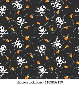 Halloween skull and candy corn seamless pattern. Horror and sweet concept.